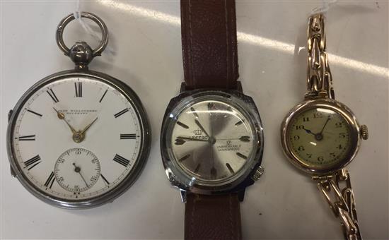 Silver open face pocket watch (a.f) & a gentlemans Lectro wristwatch on leather strap & early 20thC 9ct gold ladies wristwatch(-)